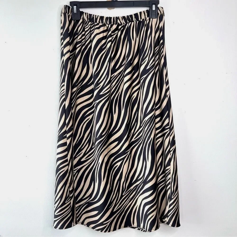 J. Crew Black and Tan Zebra A-Line Skirt silky stretch waist sz S Lagenlook Chic - Picture 2 of 7